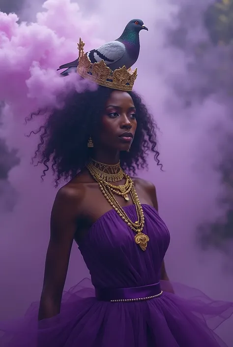 Pigeon turns Maria Mulambo, with curly hair and purple dress. Need is with queen&#39;s crown and golden jewels. There may be purple smoke in the background of the image. 