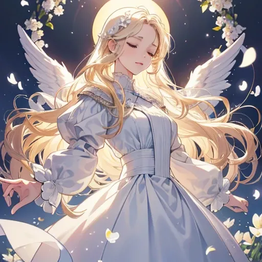 (software)An angel surrounded by beautiful light, White flowers are dancing,Eyes closed,goddessのような服を着ている,Platinum blonde long curly hair,Being in backlight, Thin lips, Round face, goddess, Impressive and perfect(software)