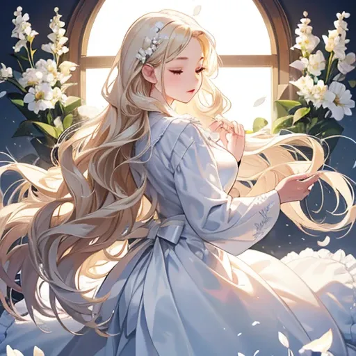 (software)An angel surrounded by beautiful light, White flowers are dancing,Eyes closed,goddessのような服を着ている,Platinum blonde long curly hair,Being in backlight, Thin lips, Round face, goddess, Impressive and perfect(software)