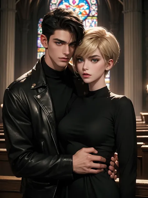 A tall handsome young man with black hair, short bangs, black eyes, he is wearing a leather jacket and jeans and he hugs an incredibly beautiful femme fatale young woman, she has a blond hair with a pixie cut standing next to him, she has brilliant green e...