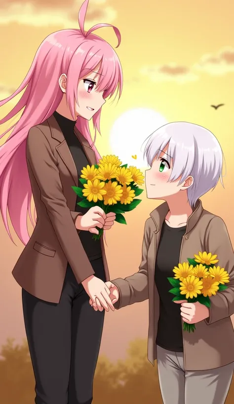 anime art style, one female character, pink long hair, light pink eyes, pale skin, black shirt, black pants, brown jacket, with teasing expression, extending her arms with a bunch of yellow flowers to a female character, short white hair, green eyes, blush...