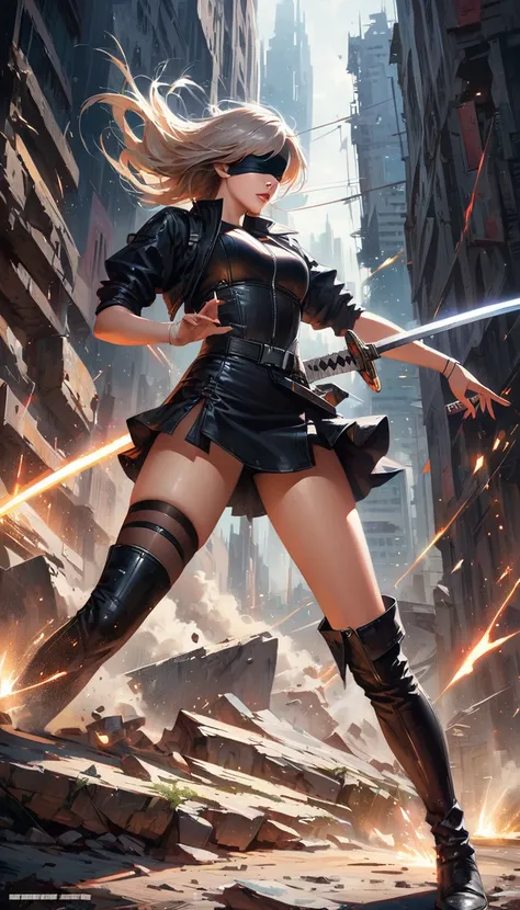 (masterpiece, best quality, 8k, highres, masterpiece:1.2), ultra-detailed, (realistic, photorealistic:1.37), (2B from Nier: Automata), in mid-action with a katana, dynamic battle pose, (black blindfold over her eyes), short silver hair flowing in motion, b...