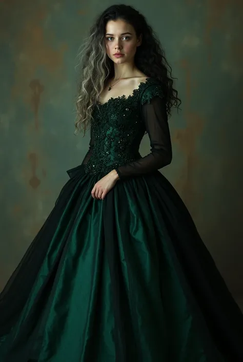 long black curly haired sixteen years old pale caucasian girl with one lock of platinum blonde in the left side, grey eyes and a long luxurious black and green dress in a victorian portrait 