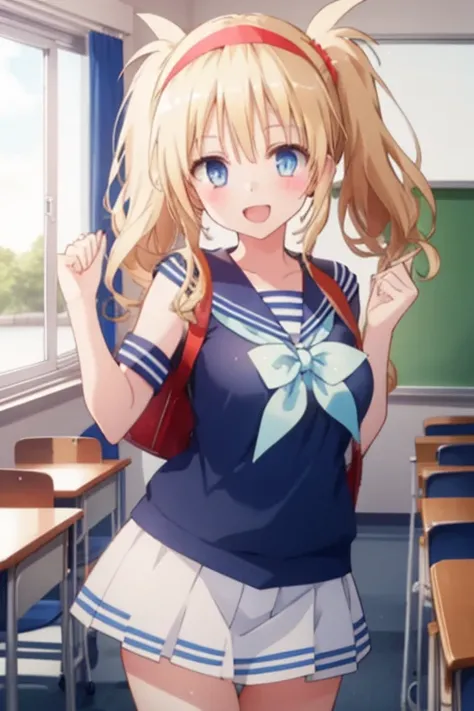 One girl, Long Hair, blue eyes, Twin tails, Blonde, Headband,Large Breasts,classroom,Sailor suit,smile,Sparkle Effect, masterpiece, High resolution, Open your mouth, Raise your right hand,