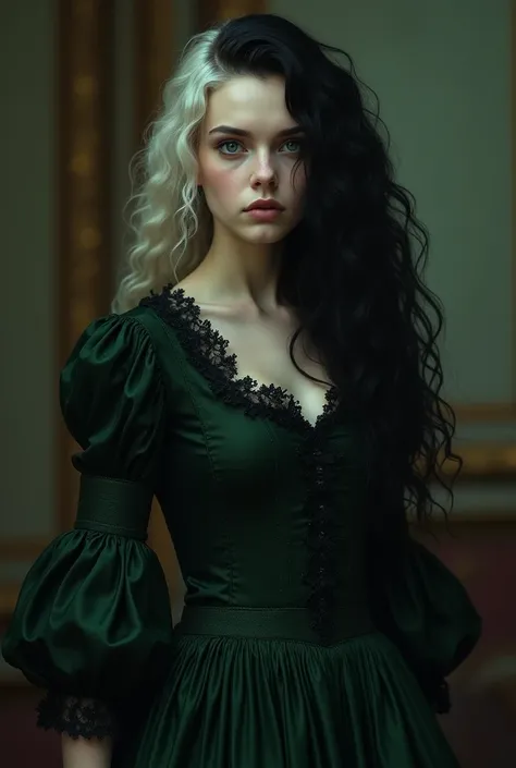 long black curly haired sixteen years old pale caucasian girl with one lock of platinum blonde in the left side, grey eyes and a long luxurious black and green dress in a victorian portrait 