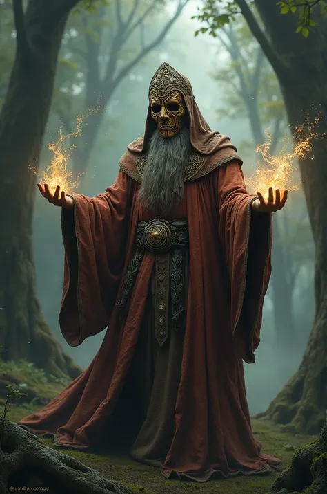 A wizard wearing a wooden mask