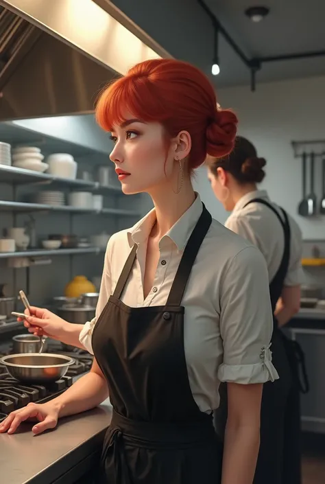 A women with low sleek bun red hairstyle workin in kitchen with cleavage 