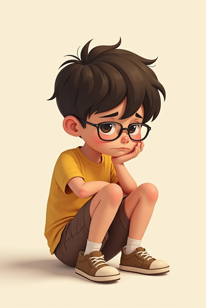 An illustration of someone sitting down like Nobita、A slightly sad look、Wearing glasses、I can&#39;t see with glasses、primary school５Grade、Yellow T-shirt、Brown shorts、Wearing brown sneakers