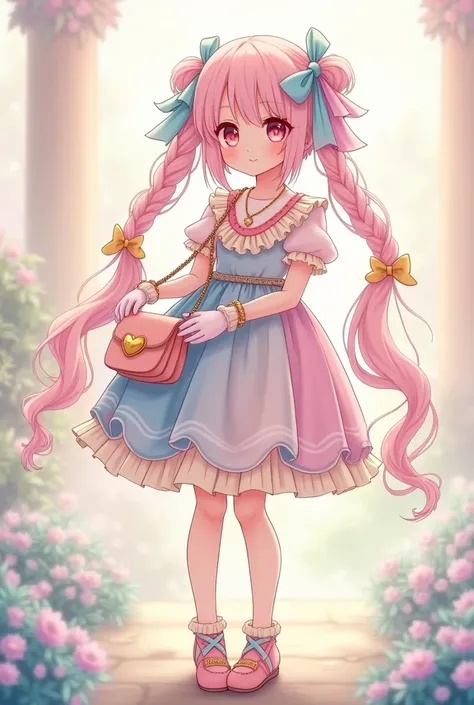 A magical cute long light pink haired girl wearing side braids tied with cute light blue ribbons. and wearing light pink, blue, yellow, multicolored pastel colored dress with cream colored lace. Additionally with adorable light colored pink gloves with lig...