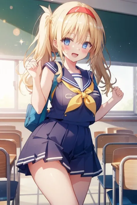 One girl, Long Hair, blue eyes, Twin tails, Blonde, Headband,Large Breasts,classroom,Sailor suit,smile,Sparkle Effect, masterpiece, High resolution, Open your mouth, Raise your right hand,