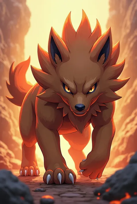 high resolution, masterpiece, The best quality, High details, High Quality, very detailed, Ground and Fire type Pokemon, dog, initial evolution