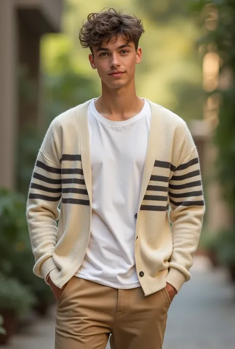 A teen boy with cream striped cardigan v cut with a white crew t shirt and dark beige cotton sweatpants 
