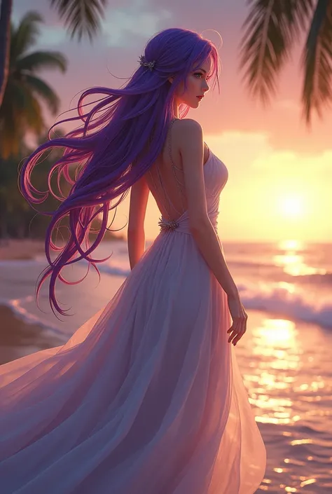 (photorealism:1.2),A beautiful woman resembling Queen Medusa from Battle Through the Heavens, with long flowing purple hair, wearing a flowing dress, her snake-like features subtly visible. She is standing on a tropical beach at sunset, with gentle waves t...