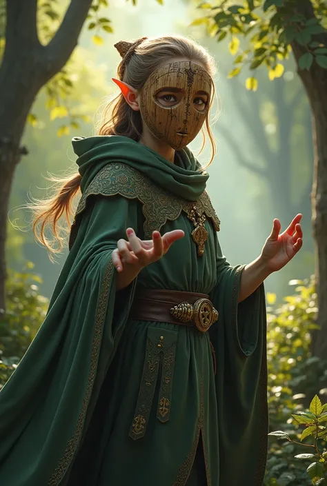 A young adult half-elf wizard who wears a wooden mask