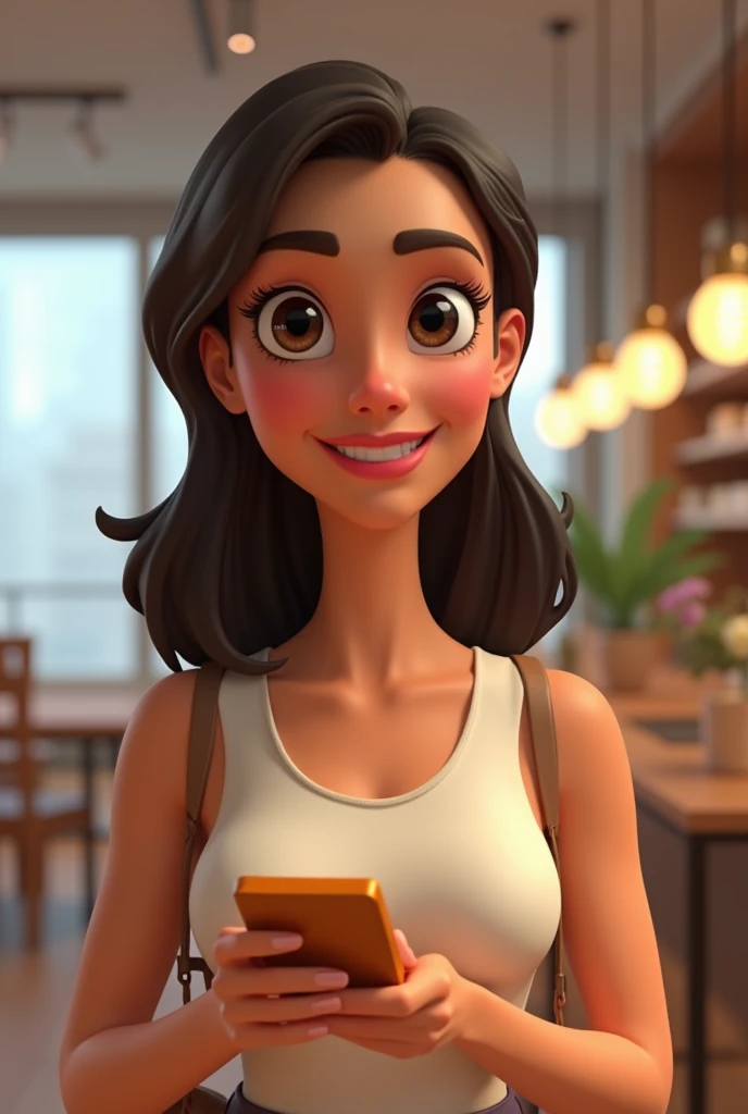 The woman confidently explaining that she always makes a purchase, with an engaging look on her face.
Generate in cinematic 3d cartoon style