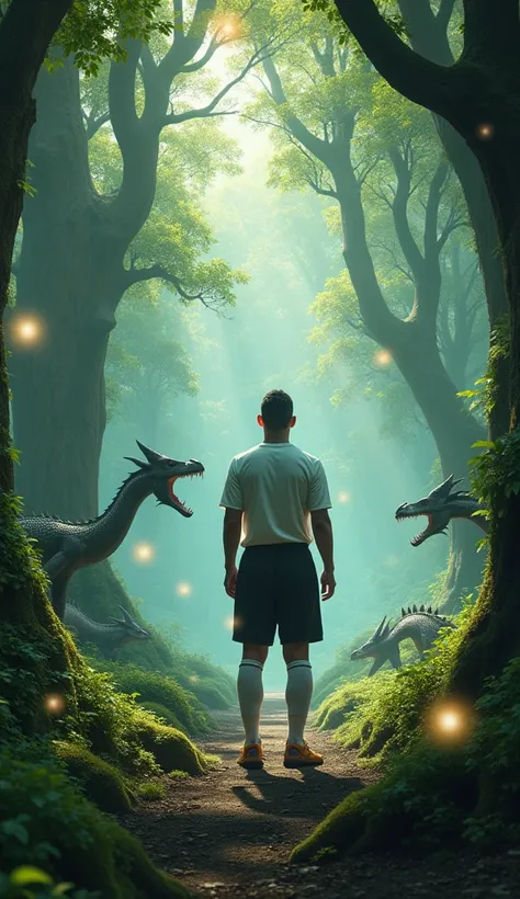 Cristiano Ronaldo in the Enchanted Forest**: Cristiano Ronaldo, wearing a white jersey and black shorts, stands at the edge of a mystical forest. Tall, ancient trees tower above, and soft, glowing lights float in the air, hinting at magic. In the backgroun...