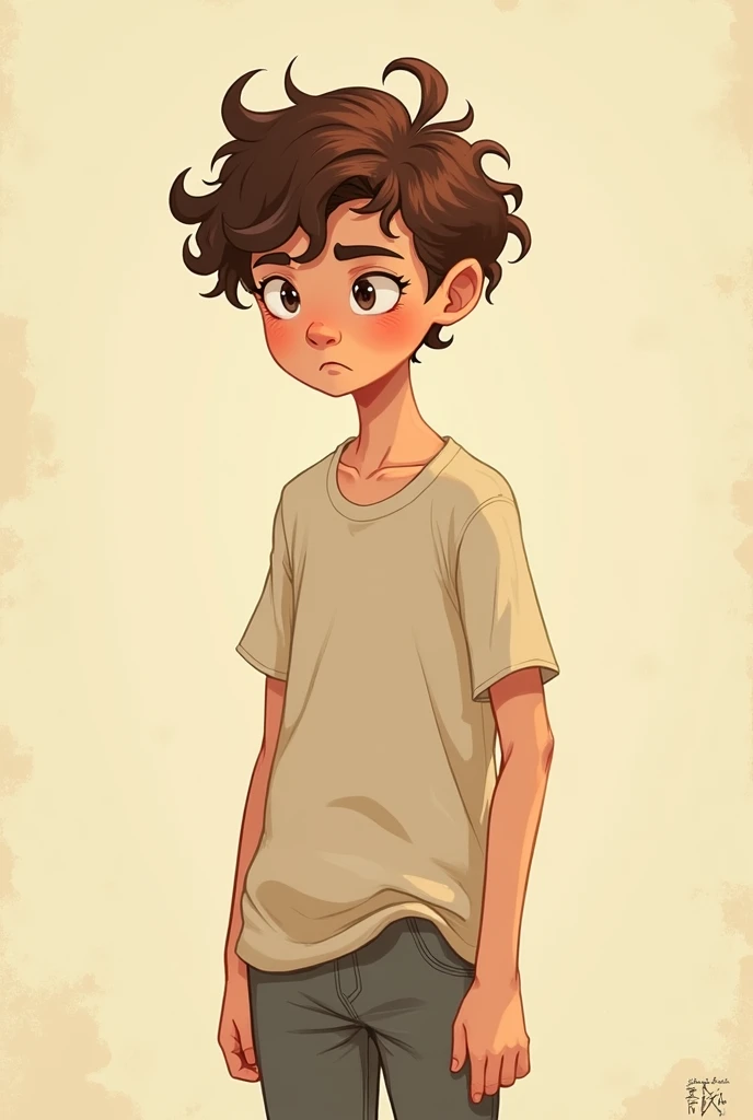 
hes male
Wears an oversized top 
Has brown curly-wavy hair.
small and skinny
looks and sounds feminine

nick Nelsons little brother.

Heartstopper webcomics style