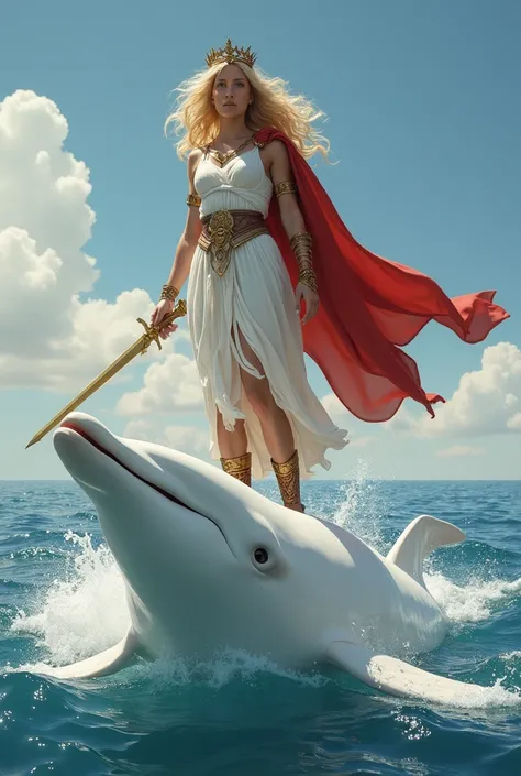 Woman standing on a white dolphin、Wearing a Greek white dress、Winged Sandals、A short golden sword is attached to his waist.、Leather Belt、Red Cape、Golden Hair、Being on the sea