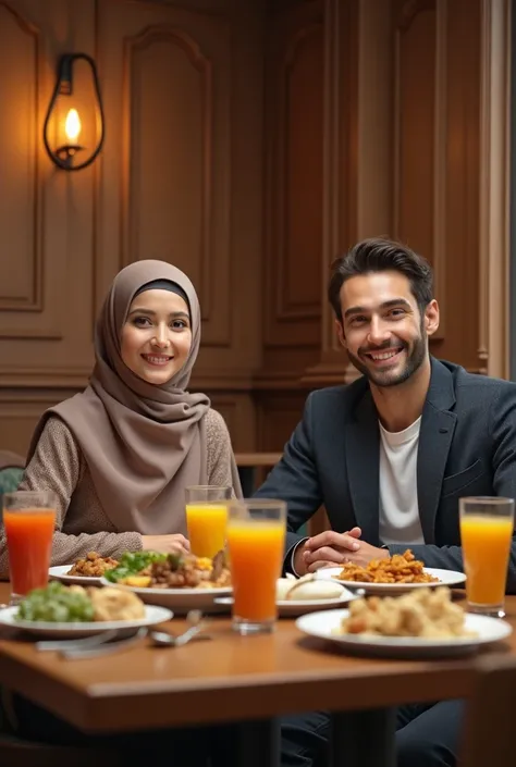 (Photorealism:1.2), in a restaurant, two persons, A hijab woman and a slightly thin man are seen sitting at a dining table looking at the camera in a restaurant., This restaurant has beautiful wooden walls.. The dining table is full of food and juice drink...