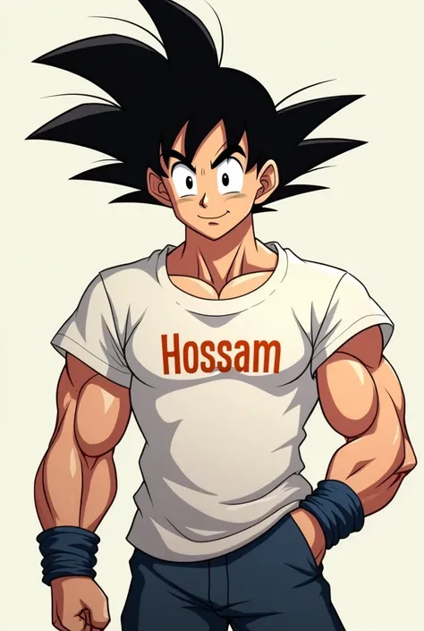 Goku wearing a t-shirt with the name Hossam on it
