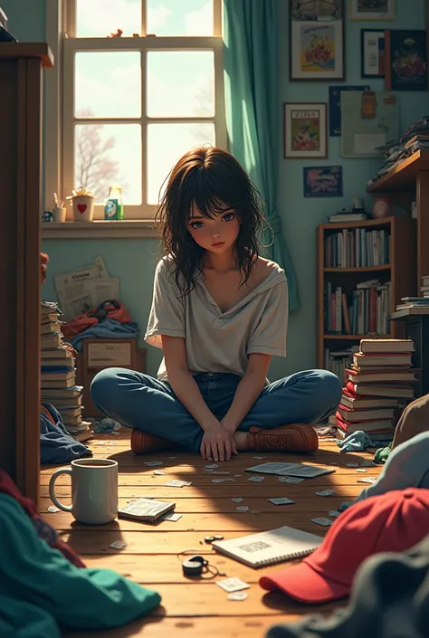  messy room in which a girl is sitting 
