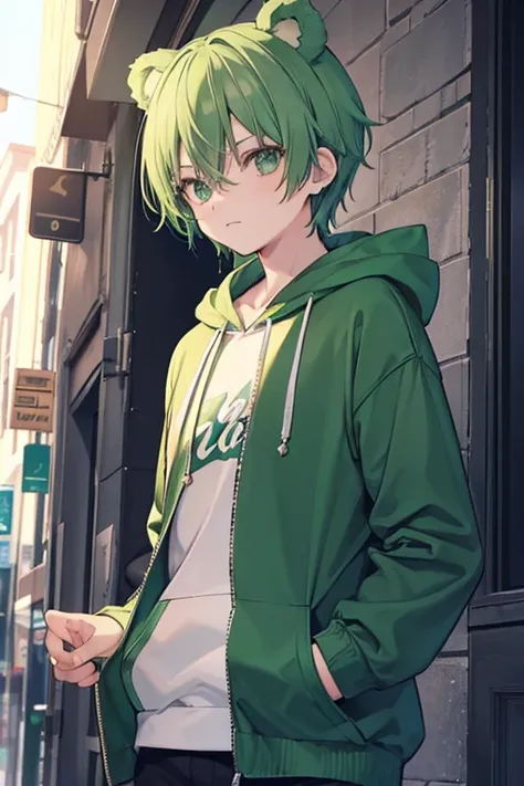 2D ,Green hair, Green hoodie, The boy with bear ears