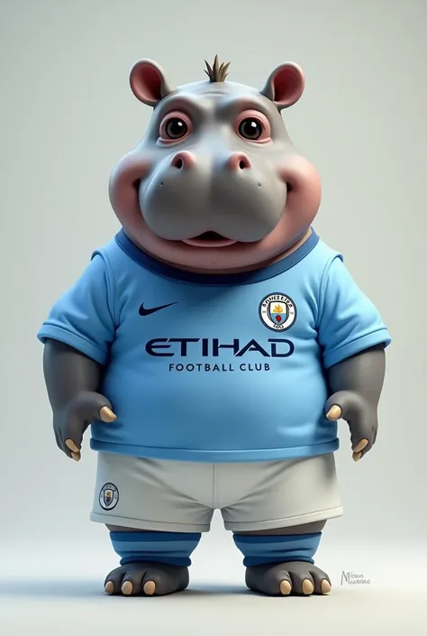 Baby hippopotamus wearing Manchester City football kit 