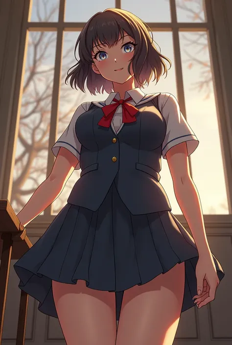 8k,ultra quality,Beautiful lighting,anime,1 giantess girl, in school uniform,curvy body shapes, will look down at the viewer,Underwear is visible