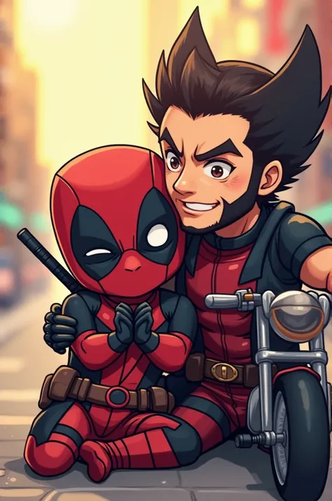 Deadpool poses cutely by clasping his hands together to form a heart while winking one eye while leaning on wolverine who is smoking on a motorbike (Perfect masterpiece with high display, 1080p resolution, bright colors, cute picture, anime chibi art style...