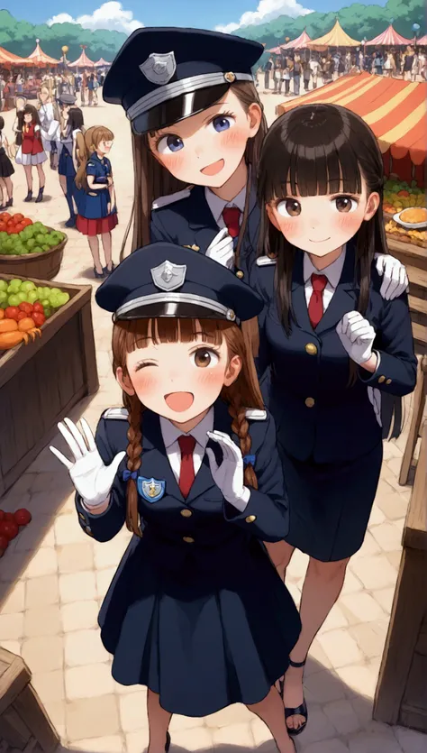 {Best Quality}, {Very beautiful},{Ultra fine},{Best illustration},Brown Hair,Hime cut,Long Hair,Braids,Standing Woman,Woman guarding,Adult women,smile,Excited face,Wink,Uniform cap,White Shirt,long black skirt,White gloves,Around town,festival,Blushing,Sle...