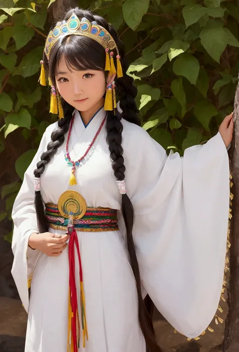 girl, Long braided hair, Tibetan Girl, close, I raised my head a little., smile, Bust photo, Upper body appearance Yang Transcendence, Gorgeous Tibetan costume, Unwieldy Tibetan Necklace, Awkward Tibetan Headdress, Clothing fuzz, Full of white animals, CG ...