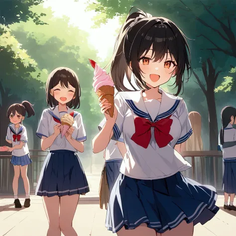 After school, Misaki, a high school girl, was relaxing in the school courtyard with her friends. She wears a traditional sailor suit with a white collar and blue skirt swinging in the wind. Misaki smiles and talks with her friends while enjoying the ice cr...