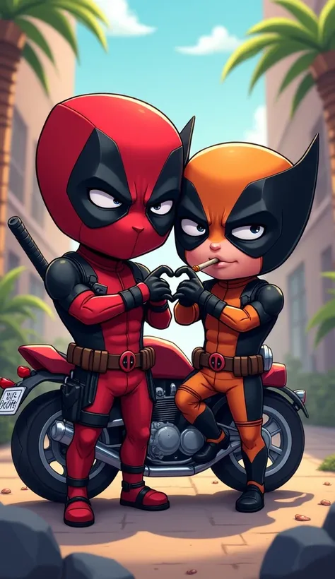 Deadpool poses cutely by put his hands together to form a heart while winking one eye while leaning on wolverine who is smoking on a motorbike (Perfect masterpiece with high display, 1080p resolution, bright colors, cute picture, anime chibi art style)