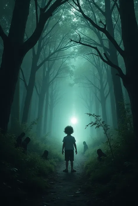 A child in a forest with hidden black heads and a glowing object at the end of the path 