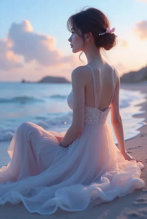 Girl sitting in beach with half dress shown with evening sky