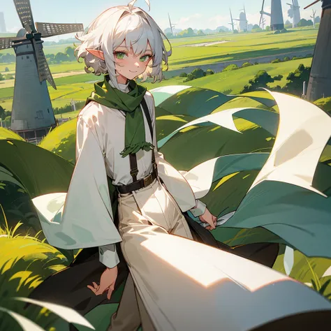 elf,  silver hair,short hair, medium cut, ahoge, curly hair, green eyes,slender, fair skin, cross-dressing, cool mild Smile, shirt, white far coat, brown pants, green scarf,  belt, suspender, annoyance, fantasy, windmill