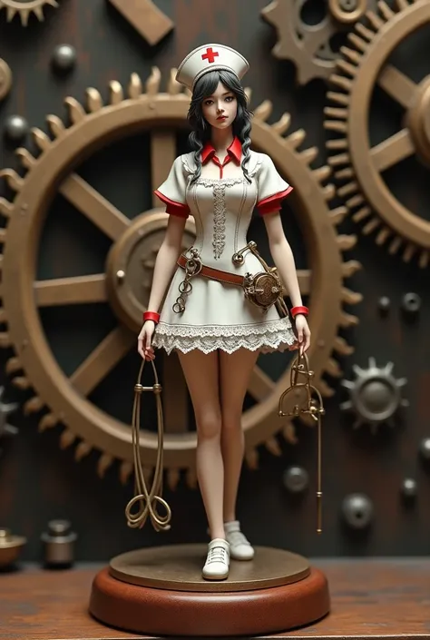  A steampunk nurse figurine dressed in white and red, featuring a short Victorian-style dress with lace details around the neckline and hem. She wears a white nurse’s hat adorned with a red steampunk cross and accessorizes with various medical tools that h...