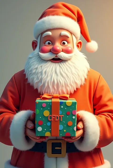 Un beau père Noel en orange avec une boite de cadeau multicolore dans les mains écrit dessus CFDT 