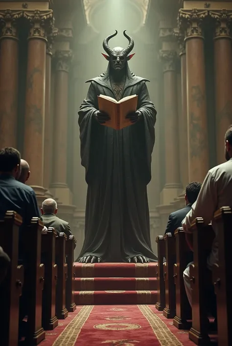 The demon stands reading a scripture on a stage, with many people sitting and listening. Three people are standing up and walking out. The details are amazing, so realistic.