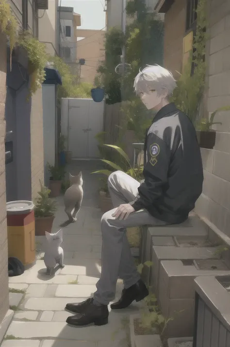 ((masterpiece:1.2, Best Quality)), 4K, One person, adult, Focus on men, Old, Gray Hair, The background is a back alley, 詳細なday光, Sitting, There are a bunch of little cats gathered next to him., 斑点模様のday光, day, Depth of written boundary, plant, Summer golde...