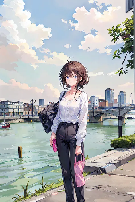 (((masterpiece))), (anime:1.5), ((Best Quality)), (RAW Photos:1.2), (High resolution:1.3), (Professional photography:1.2), (chromatic aberration), A girl traveling, (Serious), Observe the audience, Plain Shirt,  Disheveled Hair, Medium Hair, (Put your hand...