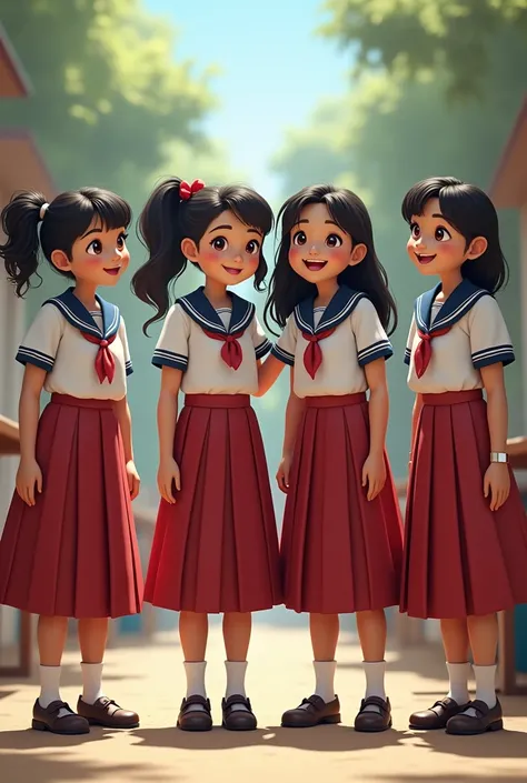 4 girls of medium hight in school, one with curly boy cut, second with small ponny taile, third with medium low ponny taile, and fourth with little more beautiful than all and big here then all but not much big little brown complextion. All decent clothing...