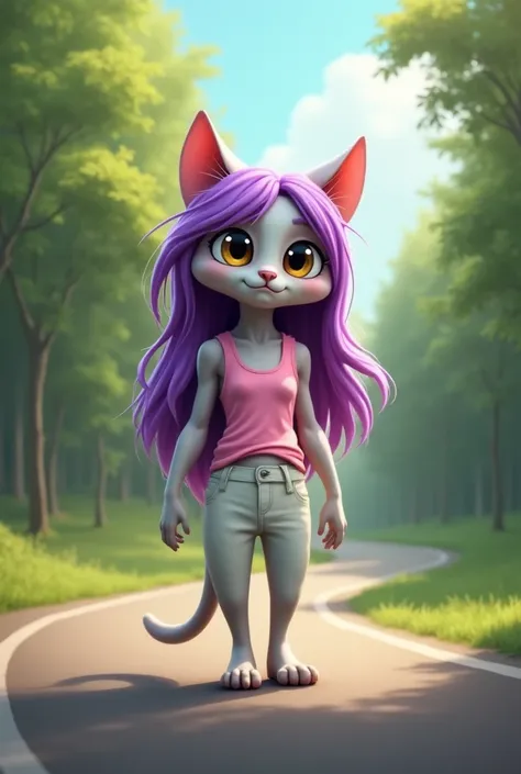  cat with long purple hair and big, round eyes. The cat is wearing a pink tank top and white pants and is standing on a road with trees in the background. 