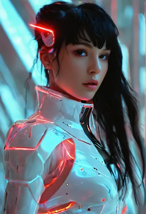 stunning, pretty woman, live-action, realistic, white skin, raven-black hair, hime cut, long, flowing locks, geometric, fully covered, no skin, futuristic covered suit, neon futuristic led light , metallic spherical armor, red accents, intricate, neon-lit ...