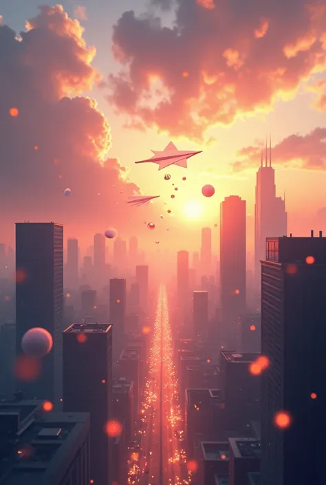 Generate a photo scene**: Open with a panoramic view of the cityscape at dawn, The scene transitions into a dreamlike sequence of ethereal clouds and vibrant colors..
   - **visual**: Described as a shining dream, Spheres and paper airplanes flying above t...