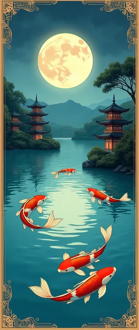 Style illustratif de Moebius. Lac avec eau claire et Carpe koï qui nage. Plusieurs pagode au loin. Pleine lune captivant et lumineuses. ying yang. fantaisie. éthéré. Bordure dorée. Dessin au trait. japonais. Traditionnel. ancien. élégant. chic. vibrant. Dé...