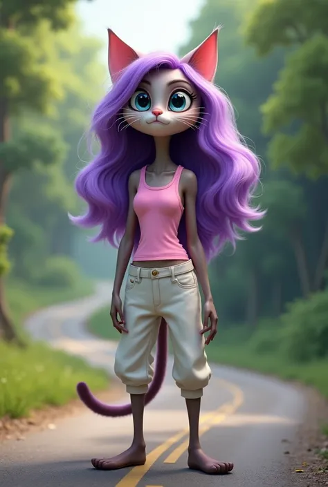  cat with long purple hair and big, round eyes. The cat is wearing a pink tank top and white pants and is standing on a road with trees in the background. 