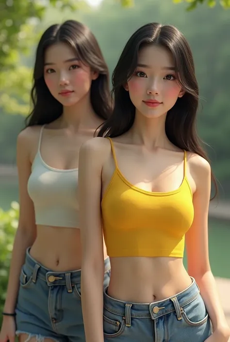 (photorealism 1:2), 2 persons, 2 beautiful Chinese girl, slim body, fit wear, yellow tanktop