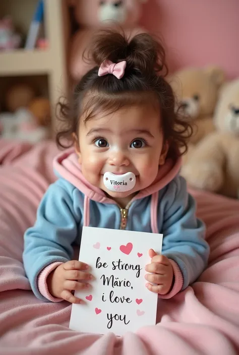 A captivating cinematic-style medium shot of an adorable baby girl called Vitória Lessi. She sports a cute white pacifier with her name on it, and a pinkish-red hoodie, also adorned with the text "Vitória." Her expressive brown eyes and fluffy hair on top ...