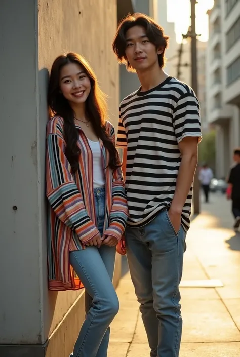 
portrait of a beautiful woman korean with long hair, wearing an women harajuku fashion oversized striped color block shirt, tunic tops, Casual long sleeve loose clothes, long tight jeans and shoes, standing with a handsome man korean with long hair, weari...